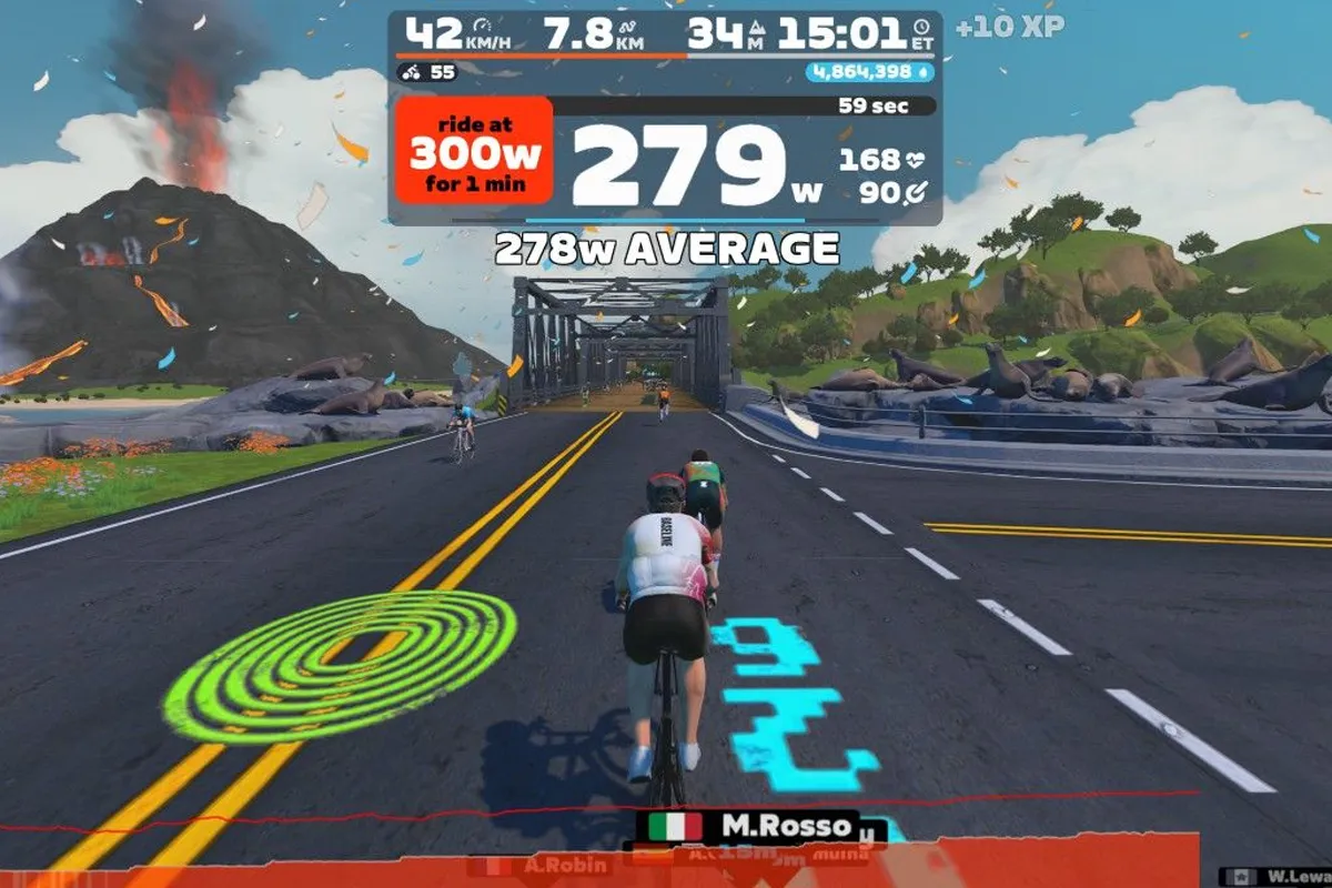 An FTP test underway in Zwift. Screenshot: Ken McGuire/Kenetic Cycling